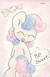 Size: 670x1043 | Tagged: safe, artist:slightlyshade, bon bon, sweetie drops, candy, eyes closed, open mouth, solo, speech bubble, traditional art