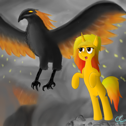 Size: 5500x5500 | Tagged: safe, artist:cyancomrade, oc, oc only, oc:phoenix, phoenix, pony, unicorn, absurd resolution, dark clouds, duo, female, fire, flying, mare, open mouth, solo, sparks, spread wings, standing, wings