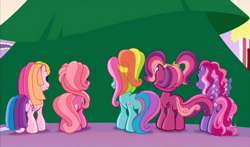 Size: 740x435 | Tagged: safe, screencap, cheerilee (g3), pinkie pie (g3), rainbow dash (g3), starsong, toola roola, pony, g3.5, twinkle wish adventure, ever forever green tree, female, mare, plot