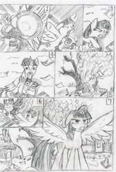 Size: 1947x2892 | Tagged: dead source, safe, artist:jklrxdk, owlowiscious, twilight sparkle, twilight sparkle (alicorn), alicorn, pony, angry, comic, female, golden oaks library, mare, monochrome, scene interpretation, spread wings, traditional art