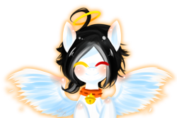 Size: 1024x681 | Tagged: safe, artist:snow angel, oc, oc only, oc:snow angel, pegasus, pony, bell, bell collar, blushing, collar, digital art, eyes closed, female, glow, golden eyes, heterochromia, red eyes, smiling, spread wings, wings