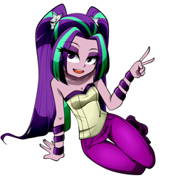 Size: 1100x1100 | Tagged: safe, artist:nekojackun, aria blaze, equestria girls, bare shoulders, clothes, looking at you, open mouth, peace sign, sleeveless, smiling, solo, strapless, thigh gap, tube top