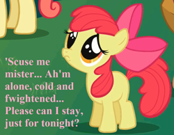 Size: 1035x803 | Tagged: safe, edit, screencap, apple bloom, earth pony, pony, adorabloom, bow, bronybait, cute, female, filly, hair bow, meme, pouting, question, sad, text, wide eyes