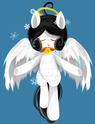 Size: 1024x1339 | Tagged: safe, artist:snow angel, oc, oc only, oc:snow angel, pegasus, pony, bell, bell collar, blushing, collar, digital art, eyes closed, female, flying, golden eyes, heterochromia, red eyes, snow, snowflake, solo, spread wings, watermark