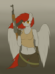 Size: 3000x4000 | Tagged: safe, artist:thermalcake, oc, oc only, oc:thermal cake, anthro, pegasus, ak, ak-47, assault rifle, badass, belly button, clothes, gun, knife, midriff, rifle, shorts, standing, tanktop, trigger discipline, weapon