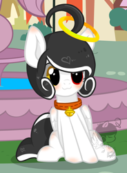 Size: 1024x1393 | Tagged: safe, artist:snow angel, oc, oc only, oc:snow angel, pegasus, pony, :3, bell, bell collar, blushing, collar, cute, digital art, female, golden eyes, heart hair, heterochromia, meme, red eyes, sitting, sitting catface meme, solo