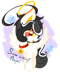 Size: 600x724 | Tagged: safe, artist:snow angel, oc, oc only, oc:snow angel, pegasus, pony, bell, bell collar, blushing, collar, digital art, female, golden eyes, snow, snowflake, solo, spread wings, starry eyes, wingding eyes