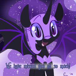 Size: 1000x1000 | Tagged: safe, artist:rivalcat, nightmare moon, discordnightmaremoon, looking at you, moon, nicemare moon, open mouth, smiling, solo, spread wings, tumblr