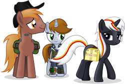 Size: 4252x2863 | Tagged: safe, artist:vector-brony, oc, oc only, oc:calamity, oc:littlepip, oc:velvet remedy, pegasus, pony, unicorn, fallout equestria, battle saddle, bedroom eyes, clothes, cowboy hat, dashite, eyes on the prize, fanfic, fanfic art, female, fluttershy medical saddlebag, gun, hat, hooves, horn, lesbian, male, mare, medical saddlebag, pipbuck, rifle, saddle bag, simple background, smiling, stallion, transparent background, vault suit, velamity, weapon, wings