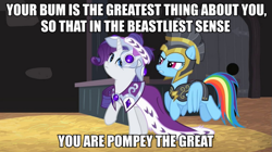 Size: 983x550 | Tagged: safe, derpibooru import, screencap, commander hurricane, princess platinum, rainbow dash, rarity, pegasus, pony, unicorn, frown, glare, gritted teeth, image macro, measure for measure, meme, raised hoof, shakespearean insults, wide eyes