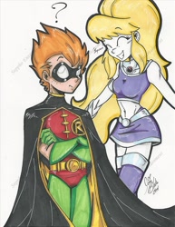 Size: 1024x1325 | Tagged: safe, artist:ponygoddess, danny williams, surprise, human, g1, belly button, cape, clothes, cosplay, dannyprise, humanized, mask, midriff, question mark, robin, scott menville, squee, starfire, teen titans, voice actor joke