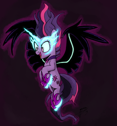 Size: 2100x2260 | Tagged: safe, artist:brisineo, midnight sparkle, sci-twi, twilight sparkle, equestria girls, friendship games, corrupted twilight sparkle, equestria girls ponified, evil grin, evil twilight, flying, glowing eyes, magic aura, ponified, simple background, solo