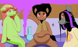 Size: 4056x2456 | Tagged: safe, artist:morrox, tree hugger, oc, oc:cornelius, oc:zorro negro, semi-anthro, make new friends but keep discord, afro, bong, flower, hippie, marijuana, peace symbol, smoke