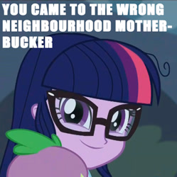 Size: 464x466 | Tagged: safe, screencap, sci-twi, spike, spike the regular dog, twilight sparkle, dog, equestria girls, friendship games, faic, glasses, meme, offscreen character, twiface, wrong neighborhood