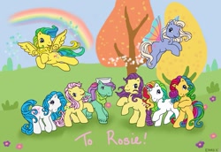 Size: 1057x729 | Tagged: safe, artist:altaira7vn, glow (g1), lemon drop, masquerade (g1), posey, salty (g1), windy (g1), pony, g1, g3, fifi, flying, g1 to g3, generation leap, rainbow, summer wing ponies, tic tac toe (g1)