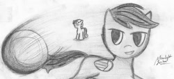 Size: 900x412 | Tagged: safe, artist:moonlightscribe, scootaloo, sweetie belle, ball, monochrome, newbie artist training grounds, solo, traditional art