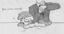 Size: 1023x556 | Tagged: safe, artist:lockerobster, apple bloom, oc, oc:anon, earth pony, pony, black and white, descriptive noise, female, filly, grayscale, heart, massage, meme, moaning, moaning in pleasure, monochrome, traditional art