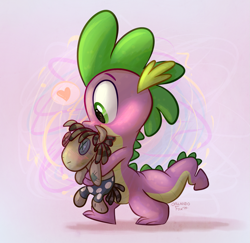 Size: 1137x1105 | Tagged: safe, artist:thedoggygal, smarty pants, spike, dragon, baby, baby dragon, carrying, cute, doll, green eyes, heart, hug, male, signature, smiling, solo, spikabetes, toy