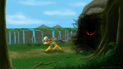 Size: 1920x1080 | Tagged: safe, artist:wolfypon, daring do, pegasus, pony, cave, eyes, running, scenery