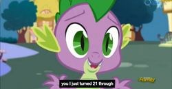 Size: 1600x830 | Tagged: safe, screencap, spike, dragon, castle sweet castle, discovery family logo, image macro, meme, youtube caption