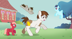 Size: 1728x950 | Tagged: safe, artist:ludiculouspegasus, pipsqueak, oc, oc:apple cream, oc:sky dasher, oc:time skip, cutie mark, offspring, older, parent:big macintosh, parent:derpy hooves, parent:doctor whooves, parent:fluttershy, parent:rainbow dash, parent:soarin', parents:doctorderpy, parents:fluttermac, parents:soarindash