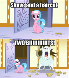 Size: 1280x1440 | Tagged: safe, screencap, aloe, bulk biceps, castle sweet castle, discovery family logo, image macro, meme, shave and a haircut, spa, who framed roger rabbit