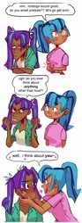 Size: 920x2465 | Tagged: safe, artist:stevetwisp, aria blaze, sonata dusk, human, arisona, blushing, comic, dark skin, female, food, human coloration, humanized, lesbian, shipping