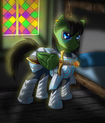Size: 1200x1405 | Tagged: safe, oc, oc only, oc:greenflame, pegasus, pony, armor, barracks, bed, commission, fantasy, fantasy class, knight, male, medieval, medieval equestria, piercing, solo, sword, temple, warrior, weapon