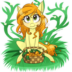 Size: 2000x2000 | Tagged: safe, artist:silbersternenlicht, carrot top, golden harvest, alternate hairstyle, background pony, basket, carrot, cute, signature, sitting, solo