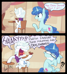 Size: 1363x1514 | Tagged: safe, artist:girgrunny, double diamond, party favor, the cutie map, clothes, comic, faic, flanderization, gay, male, muffin, partydiamond, scarf, shipping, startled