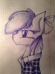 Size: 720x960 | Tagged: safe, artist:lunathegamer163, apple bloom, clothes, lined paper, monochrome, solo, traditional art