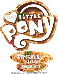 Size: 1515x1925 | Tagged: safe, artist:sasukex125, edit, pipsqueak, logo, logo edit, logo parody, pipsqueak eating spaghetti, spaghetti scene