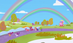 Size: 740x435 | Tagged: safe, screencap, cheerilee (g3), pinkie pie (g3), rainbow dash (g3), scootaloo (g3), starsong, sweetie belle (g3), toola roola, g3.5, twinkle wish adventure, core seven, double rainbow, rainbow, rainbows