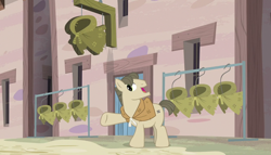 Size: 640x366 | Tagged: safe, screencap, earth pony, pony, the cutie map, background pony, burlap, cloak, clothes, equal cutie mark, equalized mane, our town, shopkeeper, solo, tailor made