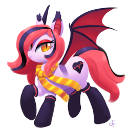 Size: 1504x1504 | Tagged: safe, artist:jc, oc, oc only, oc:arrhythmia, bat pony, pony, bedroom eyes, clothes, hair over one eye, scarf, socks, solo