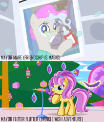 Size: 740x870 | Tagged: safe, screencap, mayor flitter flutter, mayor mare, g3.5, ponyville confidential, twinkle wish adventure, comparison, cropped, hair dye, newspaper, non-dyed mayor