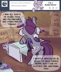 Size: 800x948 | Tagged: safe, artist:1trick, oc, oc only, oc:night stitch, bat pony, pony, ask, ask night stitch, box, boxes, butt, plot, plushie, sewing machine, tumblr