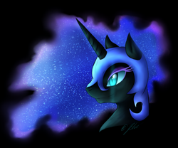 Size: 1500x1250 | Tagged: safe, artist:schattenherz2203, nightmare moon, bust, portrait, simple background, smiling, solo