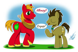 Size: 1100x740 | Tagged: safe, artist:fuzon-s, big macintosh, doctor whooves, earth pony, pony, slice of life (episode), allons-y, bowtie, dialogue, eeyup, male, peter new, raised hoof, simple background, stallion, voice actor, voice actor joke