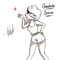 Size: 1280x1280 | Tagged: safe, artist:lightningnickel, oc, oc only, oc:chocolate dream, human, blowing a kiss, cleavage, clothes, female, heart, humanized, humanized oc, midriff, monochrome, one eye closed, partial color, simple background, solo, tanktop, white background, wink