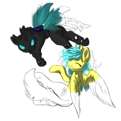 Size: 1000x1000 | Tagged: safe, artist:sapphfyr, oc, oc only, changeling, pegasus, pony, flying, smiling, wip