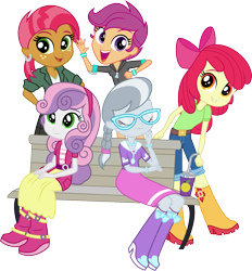 Size: 1183x1277 | Tagged: safe, artist:punzil504, apple bloom, babs seed, scootaloo, silver spoon, sweetie belle, equestria girls, bench, boots, cutie mark crusaders, equestria girls-ified, shoes, simple background, transparent background, vector