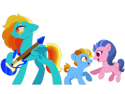 Size: 1024x768 | Tagged: safe, artist:carouselunique, oc, oc only, oc:lightning bug, oc:thunder dash, oc:wanderlust, magical lesbian spawn, offspring, parent:lightning dust, parent:rainbow dash, parents:rainbowdust, twins