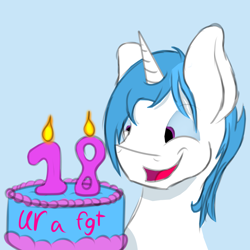 Size: 4000x4000 | Tagged: safe, artist:frostyb, oc, oc only, oc:frost bright, birthday, birthday cake, birthday candles, cake, cute, male, ur a faget