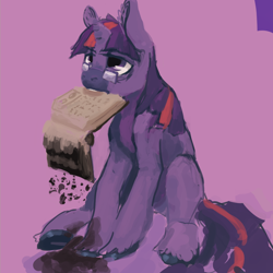 Size: 1208x1208 | Tagged: safe, artist:erijt, twilight sparkle, book, burnt, glasses, mouth hold, solo