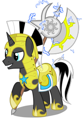 Size: 3235x4715 | Tagged: safe, artist:junkiesnewb, oc, oc only, oc:nox arcana, pony, unicorn, armor, axe, electricity, grin, hoof hold, lightning, royal guard, simple background, smirk, transparent background, vector, weapon