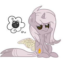 Size: 5120x5120 | Tagged: safe, artist:shinypikachu25, oc, oc only, oc:moth flame, alicorn, mothpony, original species, absurd resolution, accidental alicorn, alicorn oc, bomb, bombs, cute, fire, oops, solo, thinking, thought bubble