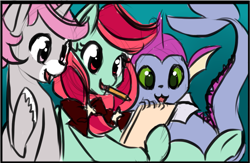 Size: 1055x688 | Tagged: safe, artist:starshinebeast, oc, oc:intrepid charm, oc:pepperminty, oc:trail, earth pony, pony, unicorn, drawing, interspecies, pokémon, sketchbook, vaporeon