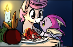 Size: 1048x676 | Tagged: safe, artist:starshinebeast, oc, oc:intrepid charm, oc:trail, pony, unicorn, bolognese, bread sticks, candle, candlelight, female, interspecies, kissing, lady and the tramp, male, pokémon, straight, vaporeon