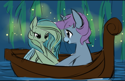 Size: 1031x672 | Tagged: safe, artist:starshinebeast, oc, oc only, oc:intrepid charm, oc:ocean pixel, pony, unicorn, aquapony, bedroom eyes, boat, disney, female, firebug, firebugs, male, reeds, seapegasus, straight, the little mermaid, trail as a pony, water